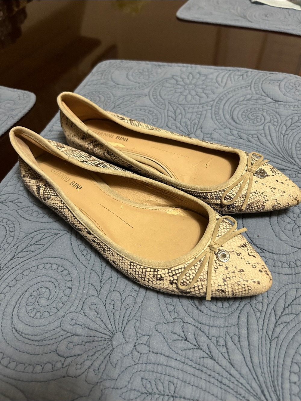 Gianni Bini Neutral Snake-Print Pointed Toe Flats with Bow